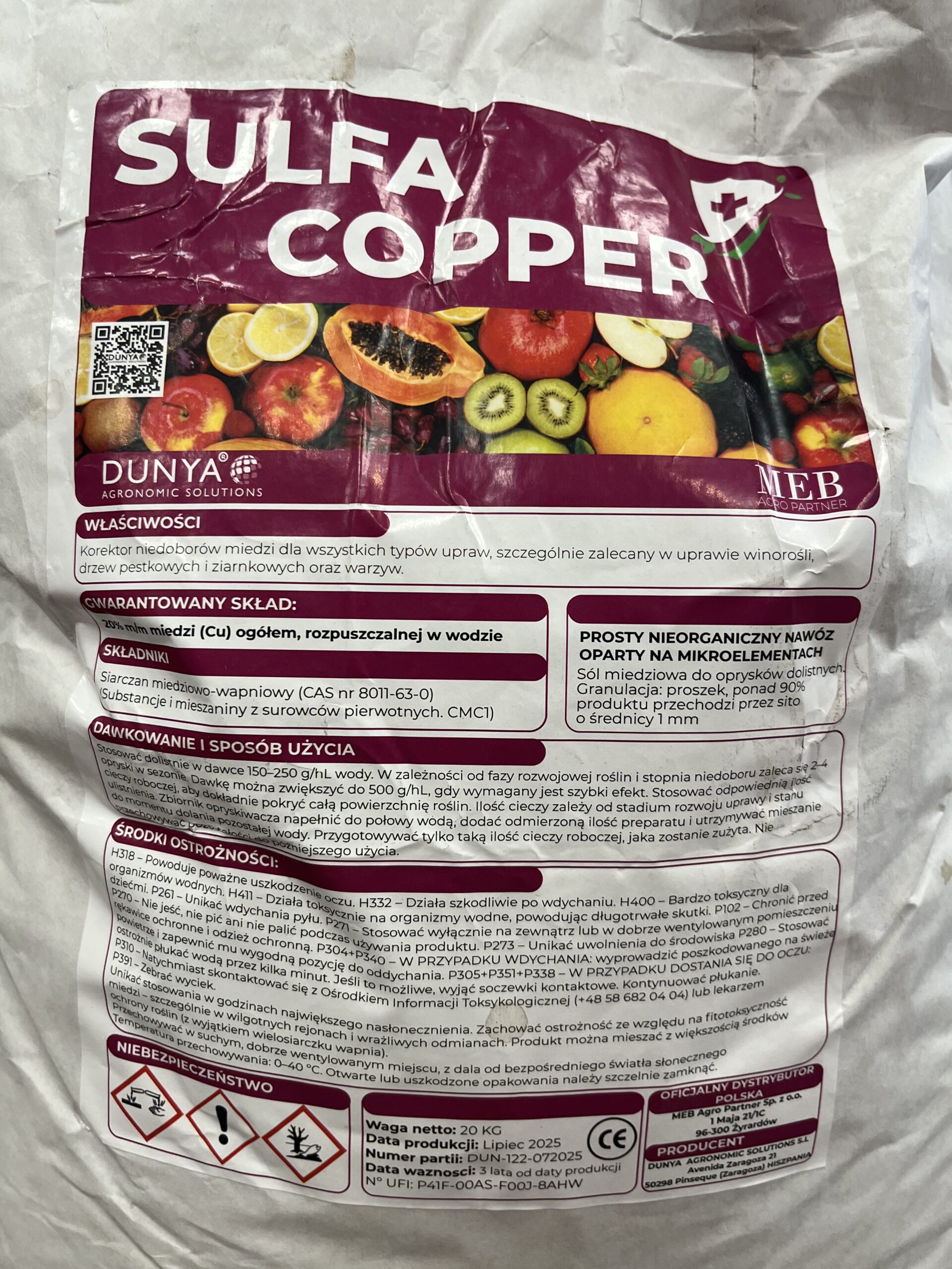 Opakowanie nawozu wapniowo-miedziowego Sulfa-Copper Dunya Agronomic Solutions