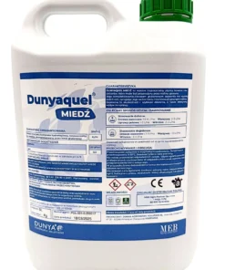 Etykieta produktu Dunyaquel Miedź 5L – systemiczny płynny korektor niedoboru miedzi z kwasem glukonowym, nawóz dolistny i doglebowy dopuszczony do rolnictwa ekologicznego.