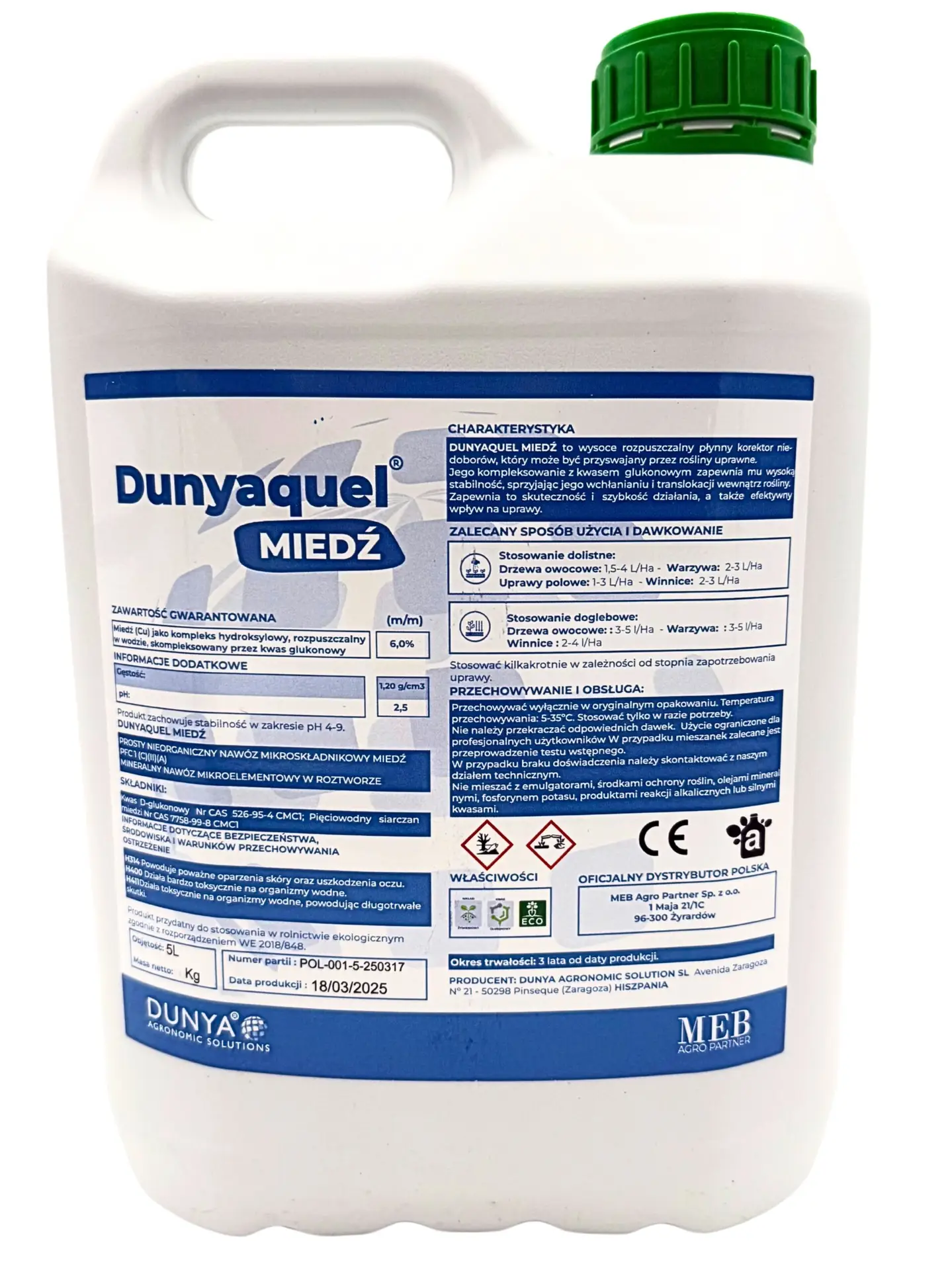 Etykieta produktu Dunyaquel Miedź 5L – systemiczny płynny korektor niedoboru miedzi z kwasem glukonowym, nawóz dolistny i doglebowy dopuszczony do rolnictwa ekologicznego.