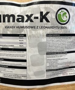 HUMAX-K – granulat z leonardytu, worek 25 kg, etykieta składu 70% ekstrakt humusowy i 10% K2O