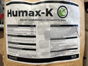 HUMAX-K – granulat z leonardytu, worek 25 kg, etykieta składu 70% ekstrakt humusowy i 10% K2O