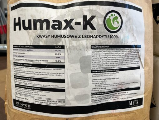 HUMAX-K – granulat z leonardytu, worek 25 kg, etykieta składu 70% ekstrakt humusowy i 10% K2O